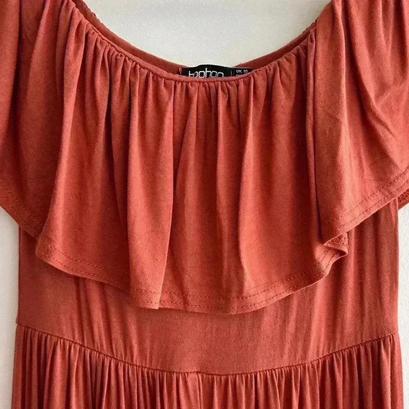 boohoo Stretch Midi Dress, Ruffled Off the Shoulder Sleeves, Burnt Orange, 6 - Picture 4 of 16